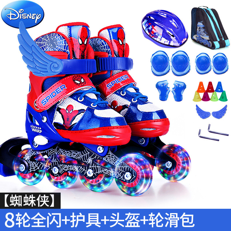 正品Disney迪士尼溜冰鞋儿童全套装轮滑鞋男女可调闪光旱冰滑冰鞋 [新升级]蜘蛛侠[全闪]套装 35-385(7-10岁)