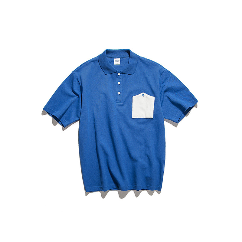 吉服社夏季新款纯色口袋装饰翻领短袖T恤潮男日系复古休闲polo衫 XXL 宝蓝色