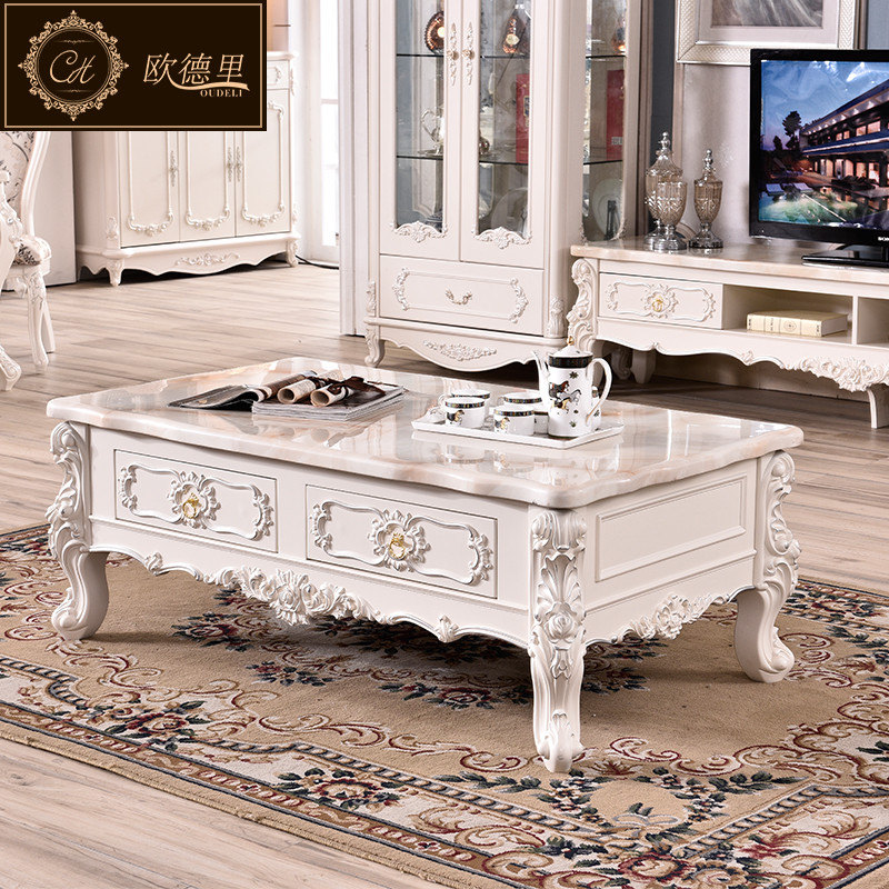 欧德里 欧式电视柜大理石面客厅简欧象牙白电视机柜茶几组合 大理石茶几1.3*0.7【描银】