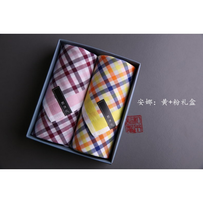 新款上市】【】(花千寻)手帕女士手绢纯棉吸汗方巾公司礼品包邮 安娜：黄+粉礼盒