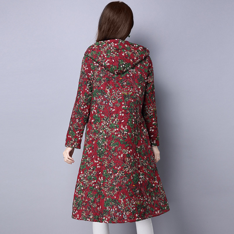 娉语冬新款冬装女大码中长棉服款盘扣碎花棉麻长袖开衫连帽棉衣外套 m