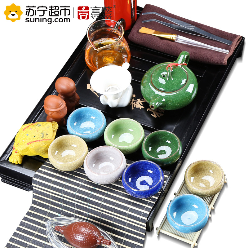 言艺(yanyi) 陶瓷功夫茶具套装 实木茶盘.冰裂茶具配黑色厚德载物