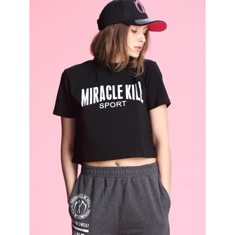 MIRACLEKILL 2017春夏新款MK字母短款圆领女装短袖T恤 M 黑色