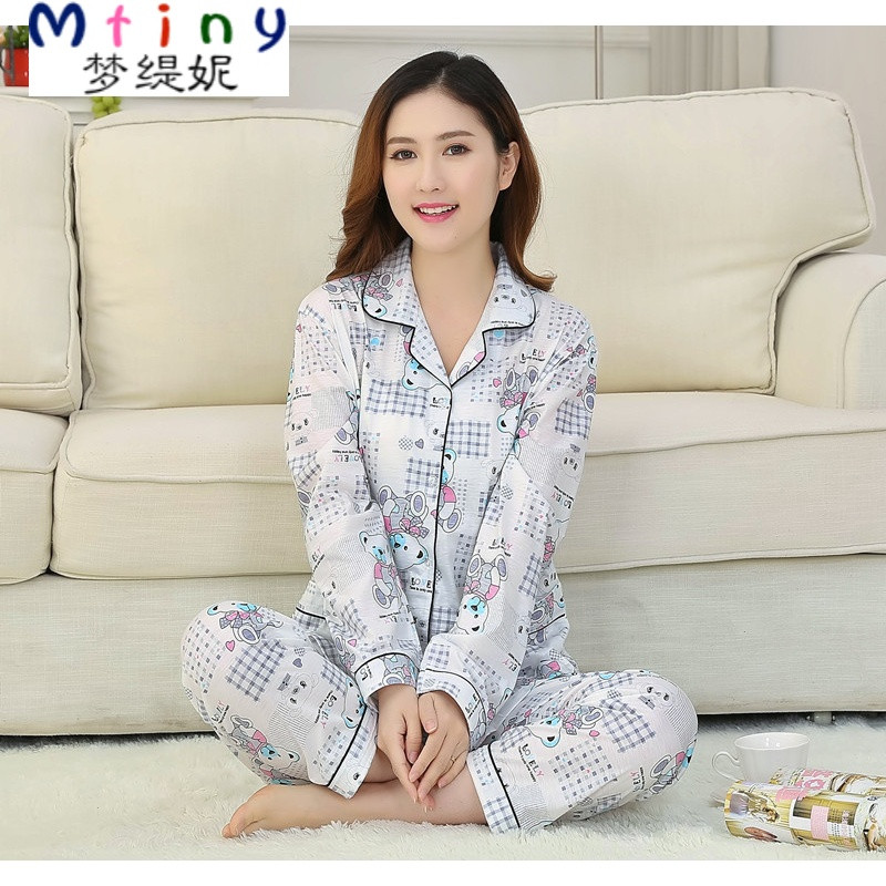 Mtiny中老年人纯棉长袖女士春秋季睡衣中年妈妈老人夏季大码家居服套装 XL【110-125斤】即将涨价 纯棉小熊灰