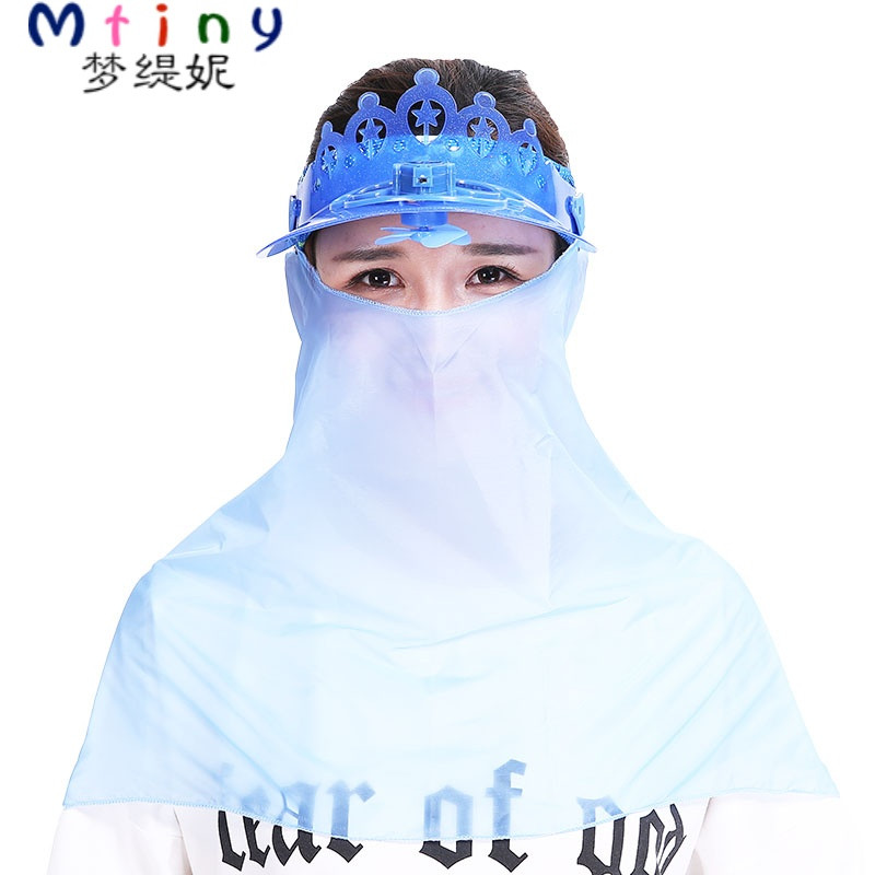 Mtiny夏天成人太阳能风扇电池帽子女士防晒太阳帽大檐护颈遮脸遮阳帽 深蓝色+披巾