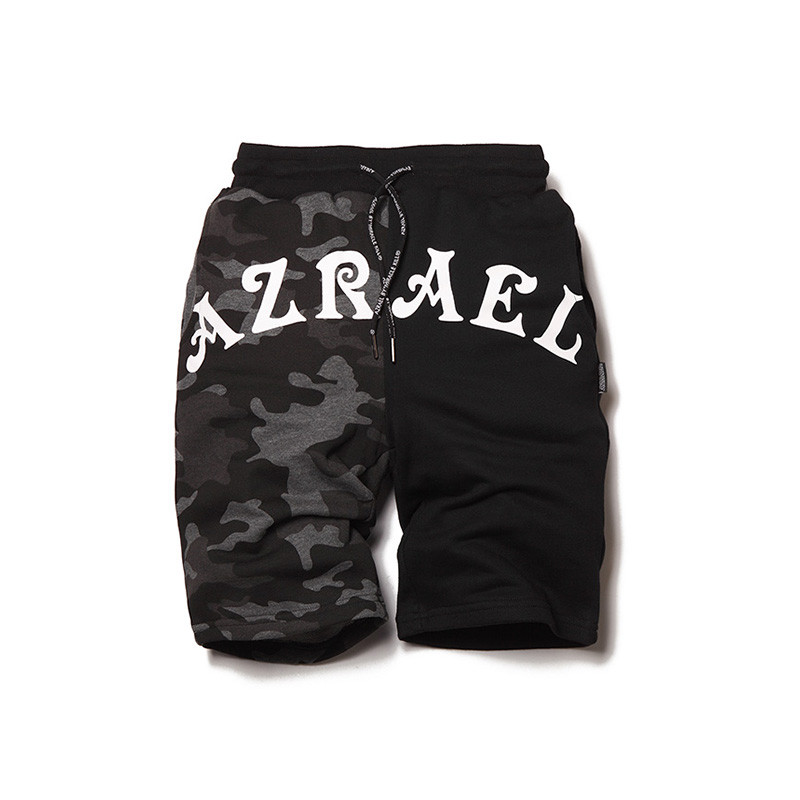 AZRAEL BY MIRACLE KILL2017夏季新款拼接黑迷彩字母运动五分短裤 M 黑拼黑迷彩