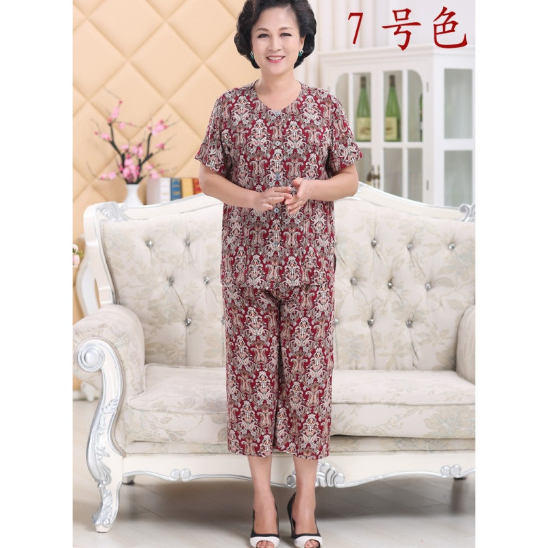 818款中老年绵绸套装棉绸妈妈装宽松开衫女装夏装短袖老年人造棉奶奶装 4XL（170斤以下） 7#色
