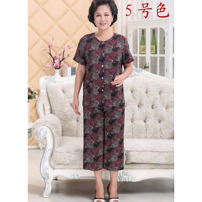 818款中老年绵绸套装棉绸妈妈装宽松开衫女装夏装短袖老年人造棉奶奶装 XXL（130斤以下） 5#色