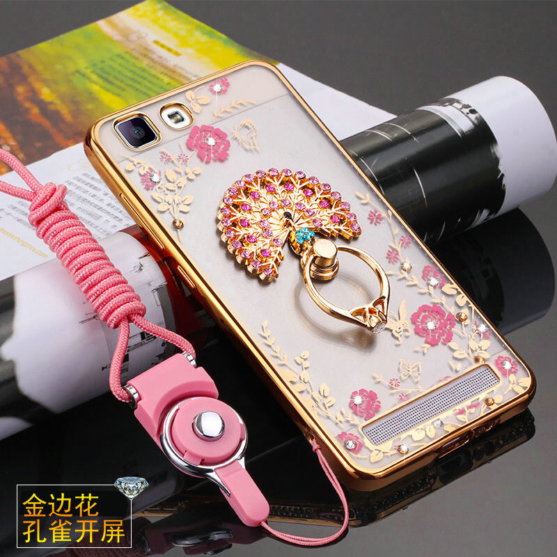 BSN步步高vivoX5Max手机壳X5MaxL挂绳保护套X5Max+硅胶防摔软壳女款V_1 金边粉花+孔雀支架