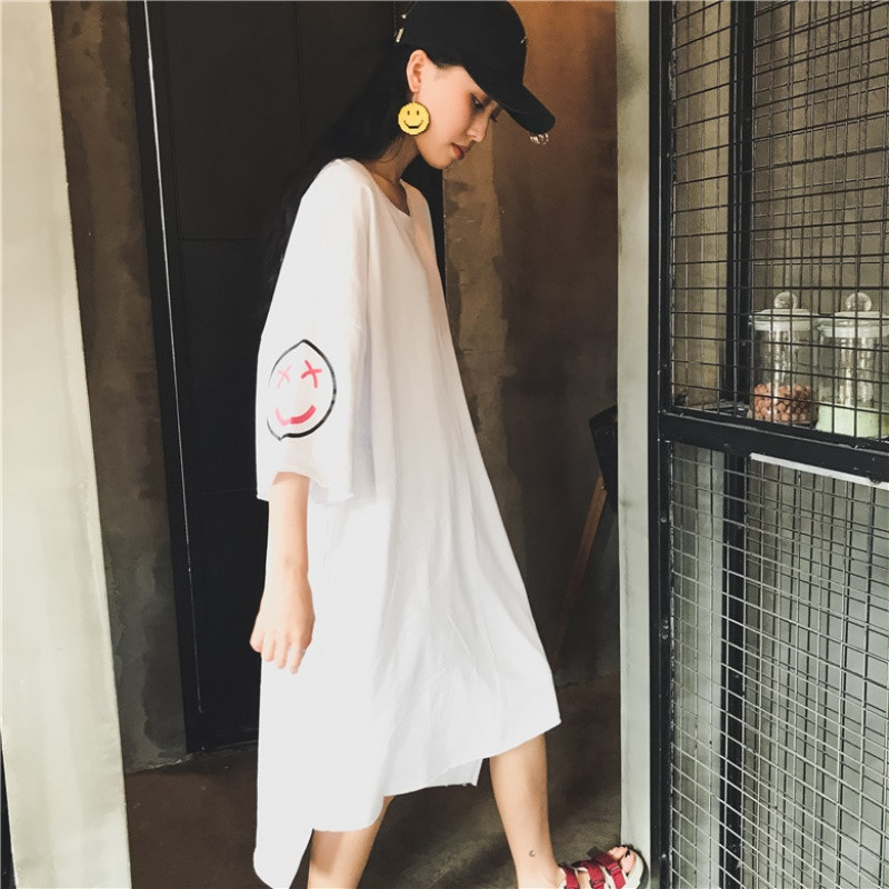 828新款加肥加大码女装胖mm夏装欧美个性宽松加长款T恤打底衫连衣裙200斤 大码XXL 白色