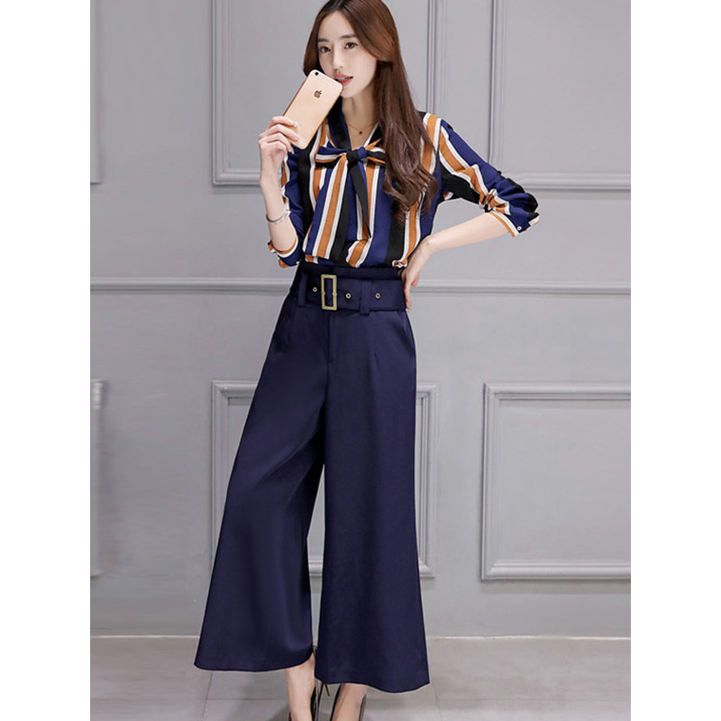 丝柏舍2017秋季新款女装条纹上衣搭阔腿裤套装(配腰带)S71R0095 L 藏青色