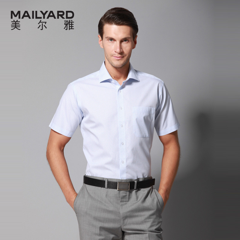 美尔雅（MAILYARD）短袖衬衫男男士商务休闲纯棉免烫衬衣男式格子短衬227 41S 蓝紫大格纹