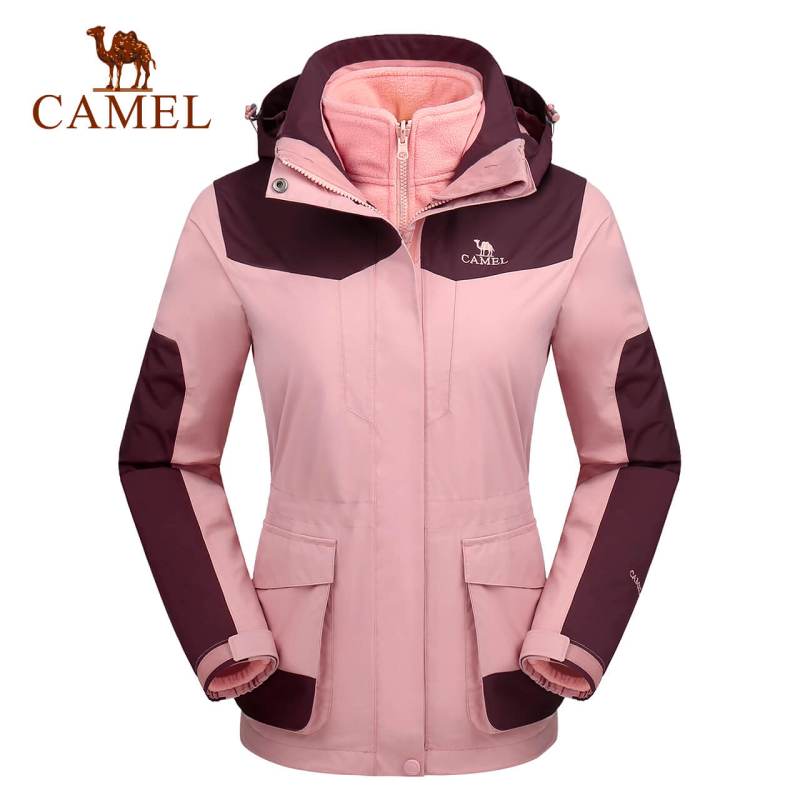 CAMEL骆驼户外情侣冲锋衣 防风拒水抗撕裂男女冲锋衣 M A7W146150，珊瑚粉/暗紫檀，女款