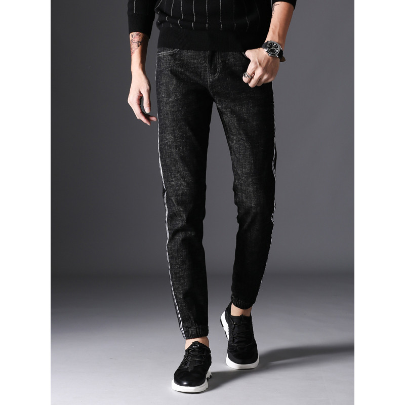 超音狼男装舒适透气韩版高弹牛仔弹力束脚九分裤2017HD-1809 33(2尺6) 黑色