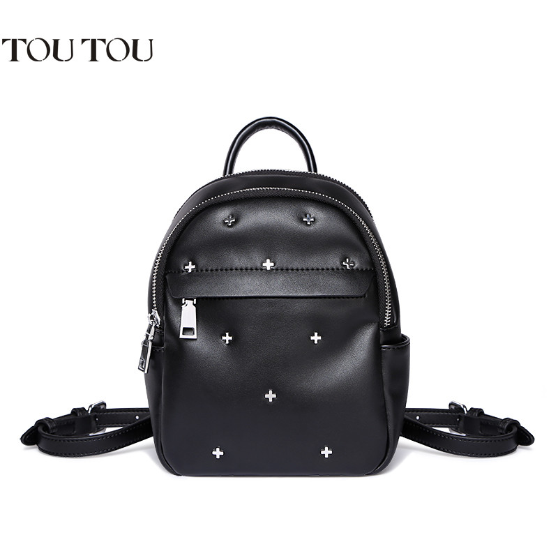 TOUTOU2017夏季新款女包韩国时尚百搭双肩包个性铆钉学院风小背包 子夜黑