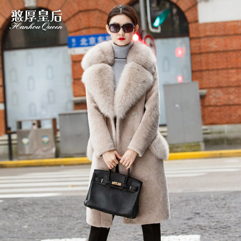 憨厚皇后 羊皮毛一体外套女长款新款狐狸毛羊羔毛皮草大衣 GY M 米色