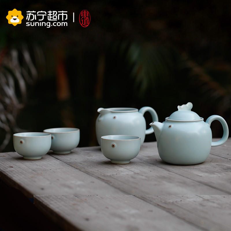 东道汝窑金鸡送福茶组（天青）