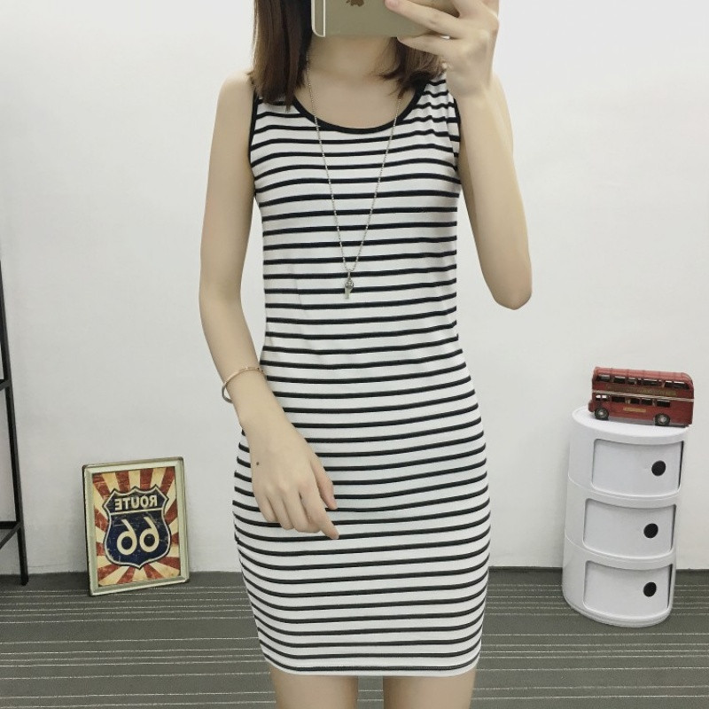 828新款春夏装条纹无袖中长款吊带背心女士连衣裙外穿修身包臀百搭打底衫 2XL 白1.3CM+黑0.6CM
