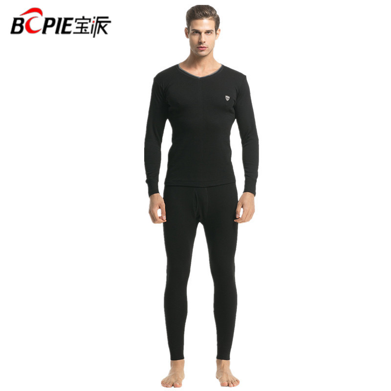 宝派男士纯棉保暖内衣套装打底棉毛衫青年全棉基础男修身秋衣秋裤 7537款 XXXL 纯色V领-黑色
