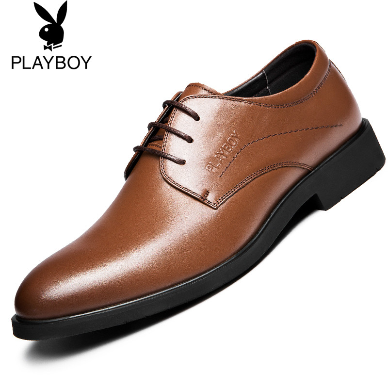 花花公子男鞋夏季男士商务正装皮鞋真皮英伦系带尖头大码黑色鞋子 棕色四季 42