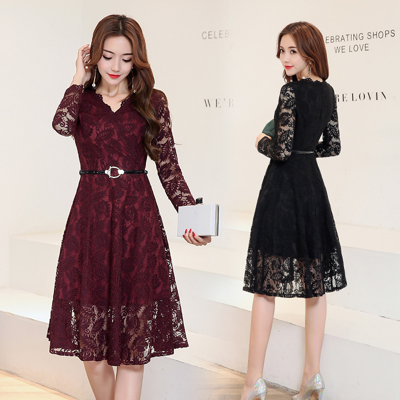 韩版百搭甜美连衣裙长袖纯色中腰显瘦修身2017年春季 XL 酒红色