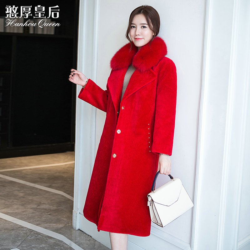 憨厚皇后 2017秋冬季新款海宁皮草羊剪绒大衣女中长款修身外套AY 红色 XL