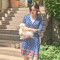 828新款2017夏季短款女装dvf裹身裙复古印花七分袖修身显瘦收腰v领连衣裙 XL 8694蓝底粉叶子（短款）