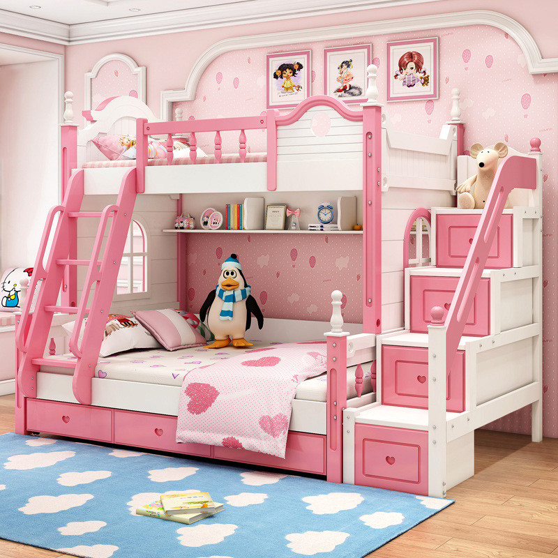 美梦居 儿童床上下床女孩粉色双层床 实木板材结合高低床 儿童母子床 公主床 高低床+书架+直梯+床垫1350*1900