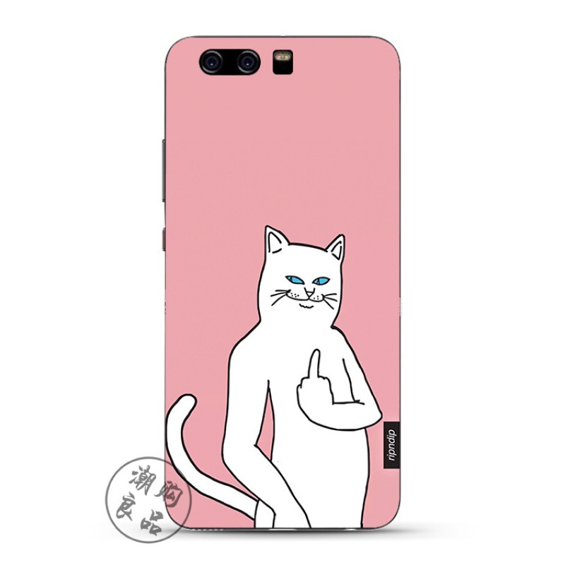2017款华为p10/p9/p8/g9plus手机壳青春版欧美个性创意中指猫软硅胶包边 P9plus-粉底白猫