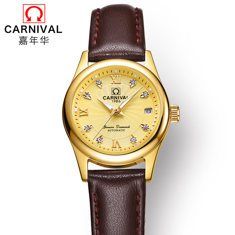 瑞士嘉年华CARNIVAL手表 新款全自动机械表 女士日历夜光防水女表休闲时尚商务手表金属精钢表带品牌女神表183-女款 土豪金色棕皮