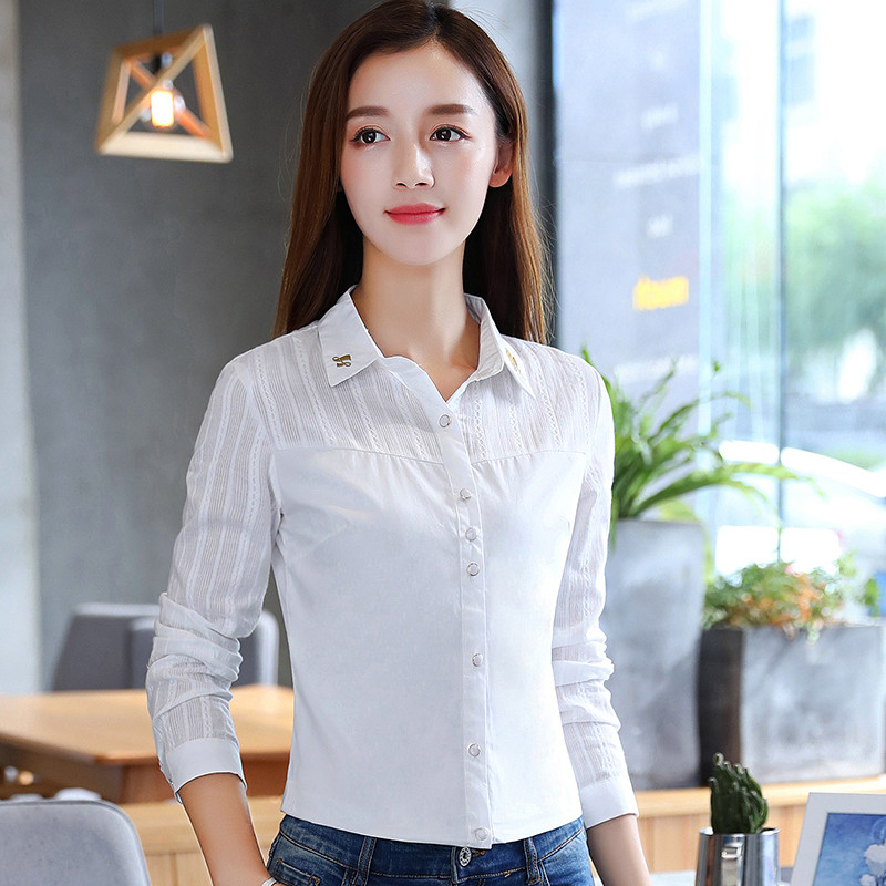 衬衫女新款百搭长袖修身白衬衣韩范修身韩版蕾丝打底衫 XXXL 白色