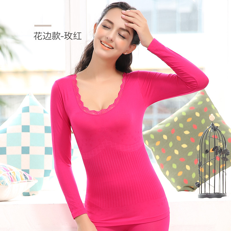 南极人保暖内衣女秋冬圆领薄款美体塑身套装少女紧身打底秋衣秋裤 均码 花边-玫红色