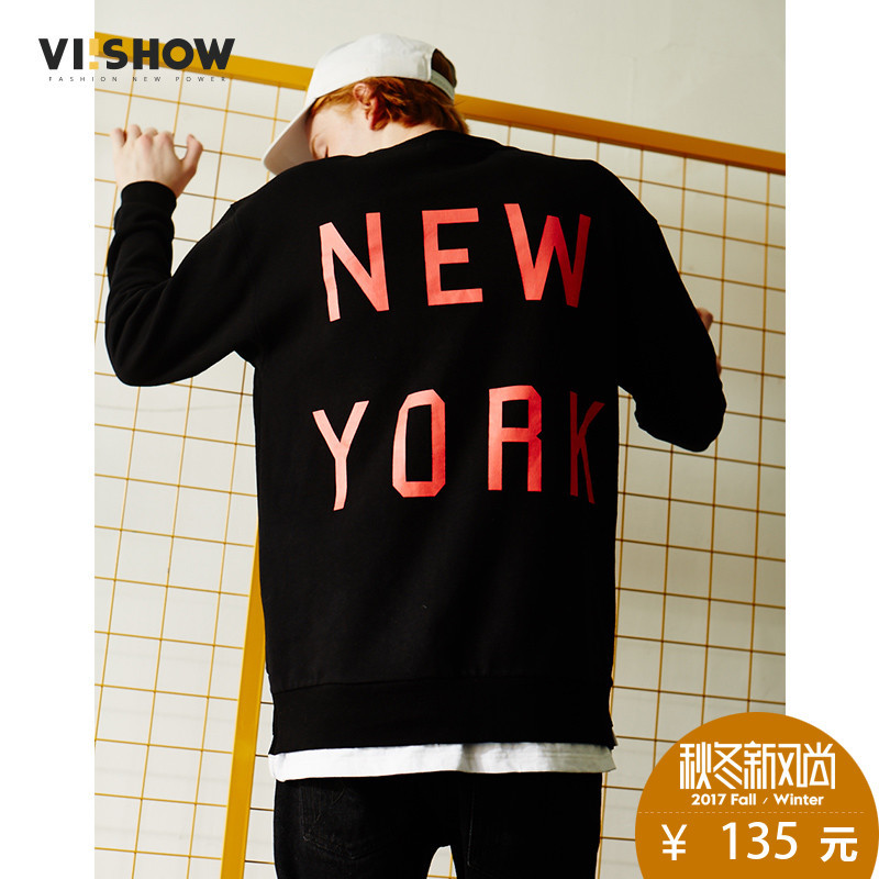 VIISHOW2017秋装新品圆领套头休闲卫衣男假两件下摆男士卫衣潮WD1782173