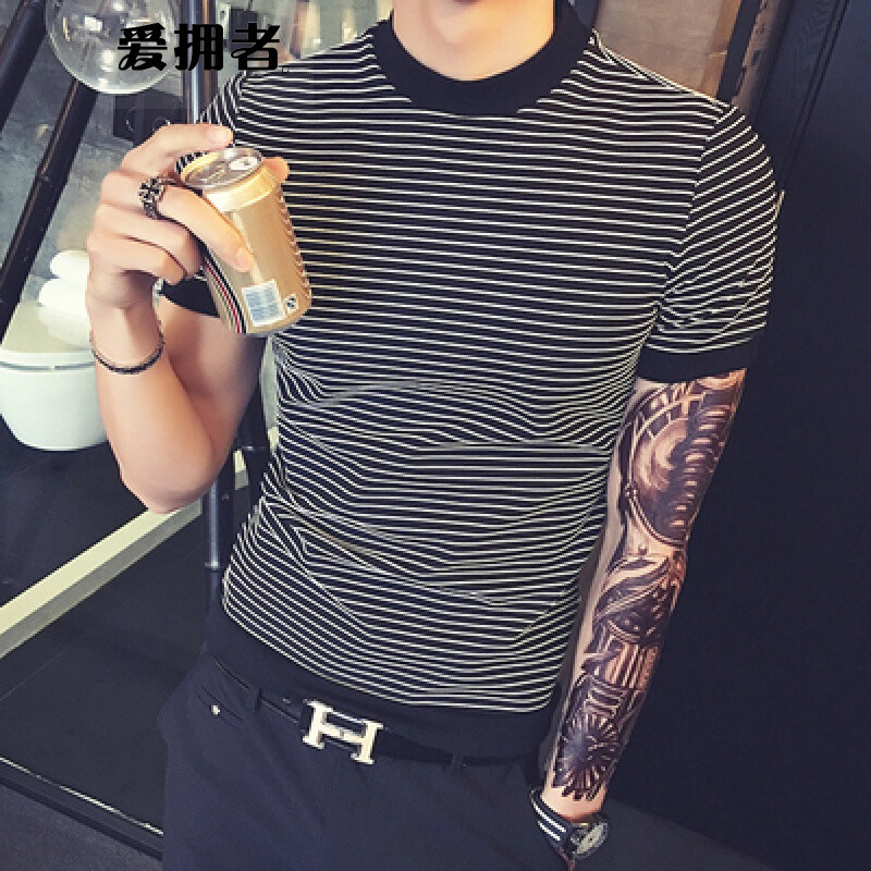 爱拥者男黑条纹短袖T恤半袖男夏季潮流夜店个