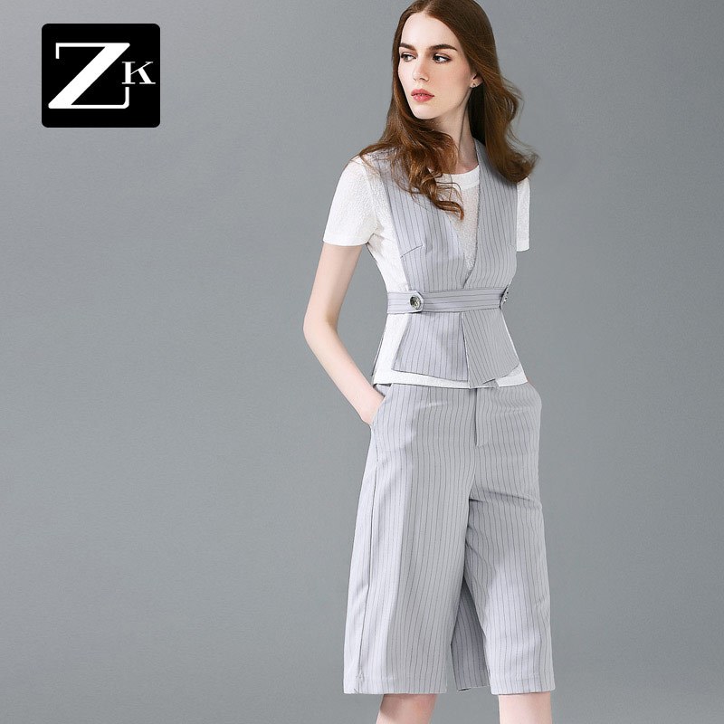 ZARAKARA阔腿裤装套装女2017夏新款两件套OL气质时尚显瘦职业装潮名媛B XL 灰色1
