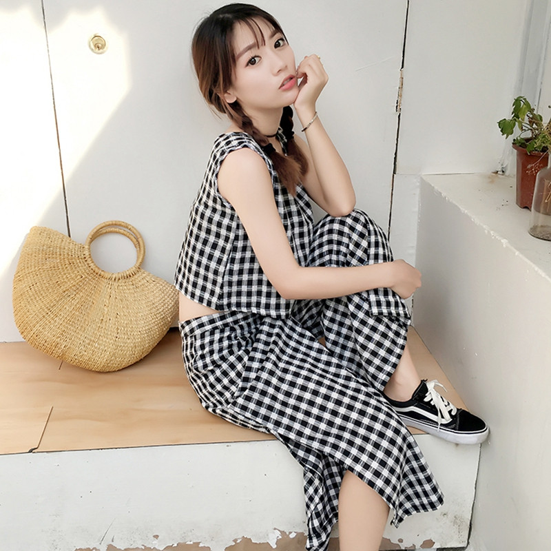 902新款夏季新款韩版ulzzang格子chic背心上衣+宽松九分裤时尚套装学生女 S 图片色