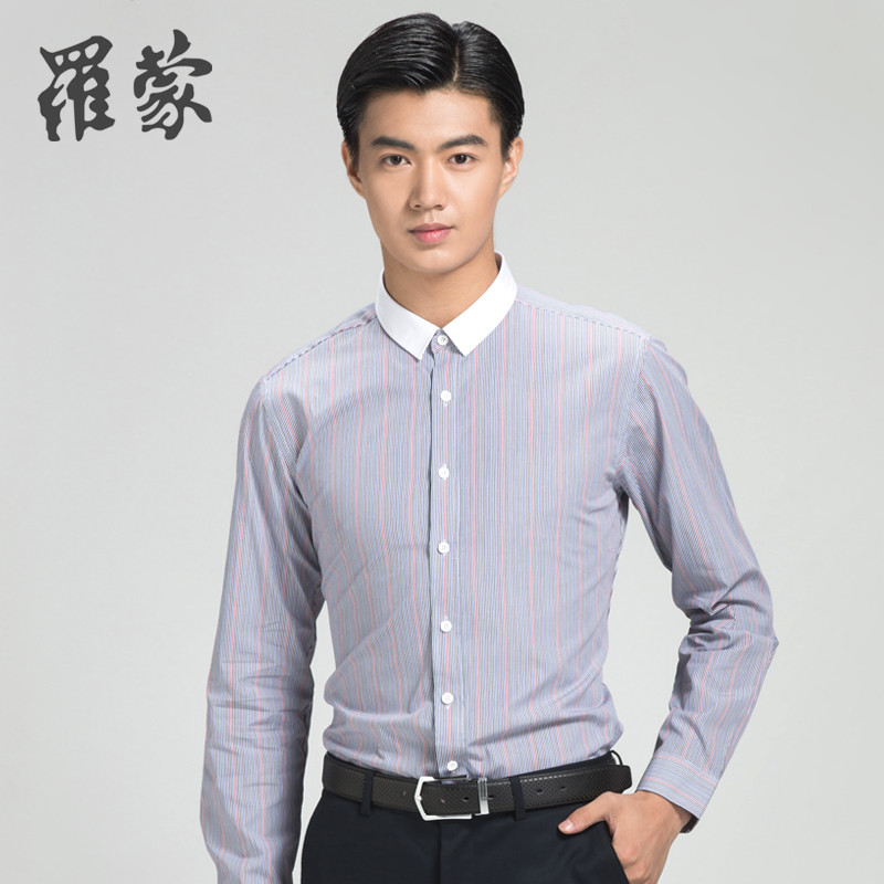 Romon/罗蒙长袖衬衫男士秋季新款商务休闲拼接条纹衬衣_1
