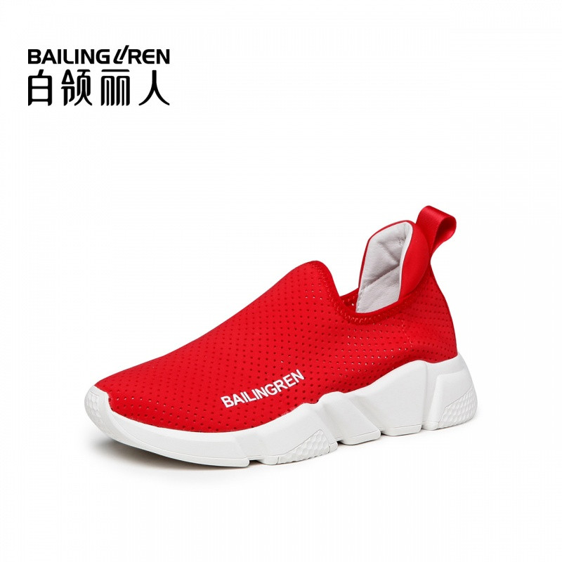 白领丽人网鞋女秋款百搭一脚蹬懒人透气厚底休闲运动鞋袜子鞋 红色 39