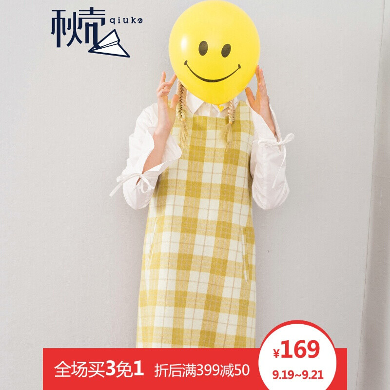 秋壳秋装新款学院风俏皮格纹无袖连衣裙 S 土黄色