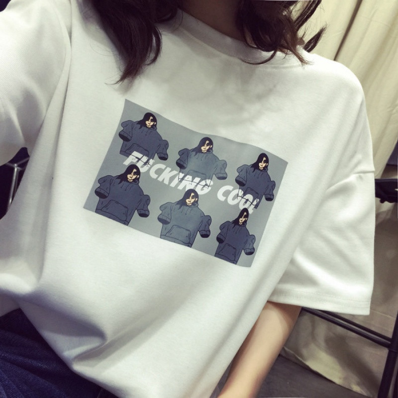 902新款夏装新款原宿bf风短袖T恤女韩版潮学生卡通半袖上衣服宽松体恤衫 XL TX六只人白色