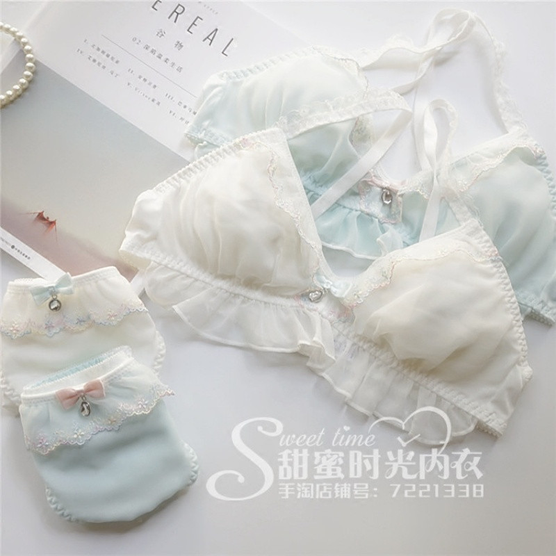 bw9新款包邮日系少女无钢圈可爱清新内衣内裤三角杯比基尼睡眠文胸套装 L 湖蓝色