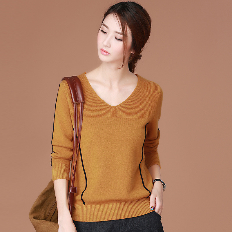 2017秋装新款v领长袖套头毛衣女韩版宽松修身弹力针织衫 XL 黄色