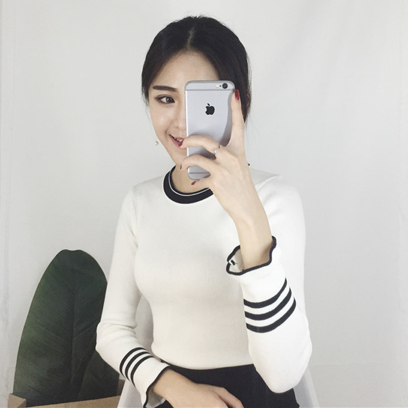 【新品首发】秋装新款韩版条纹显瘦百搭针织衫女修身长袖套头学生打底毛衣上衣 均码 白色