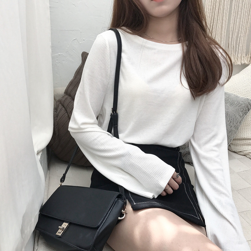 【新品首发】秋装新款韩版圆领基础款打底衫纯色长袖T恤女宽松显瘦喇叭袖上衣 均码 白色