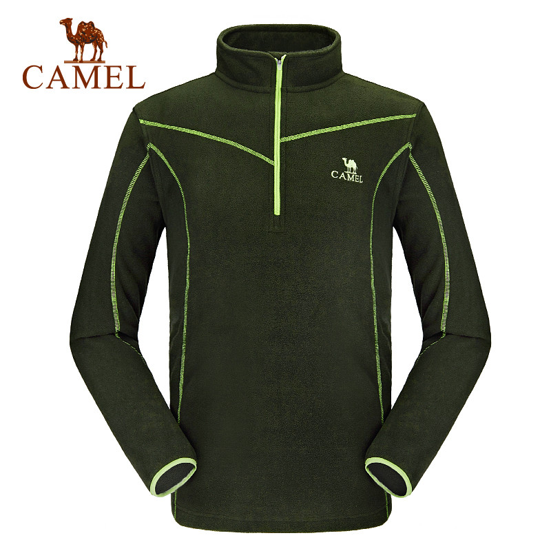 CAMEL骆驼户外抓绒衣 情侣款男女摇粒绒保暖半开衫套头卫衣抓绒衣 A6W209156，森林绿，男款 S