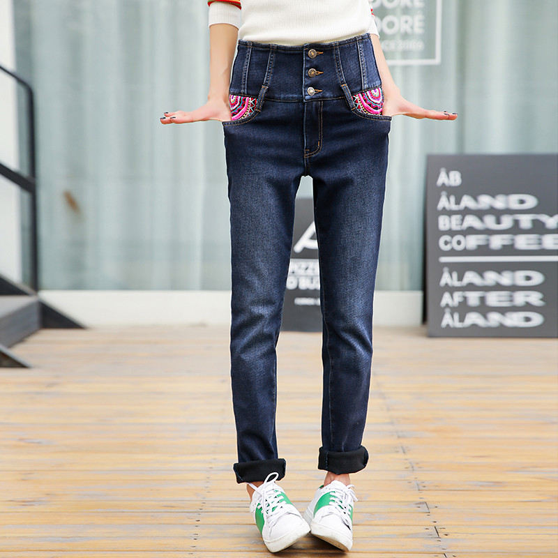 裂帛2017冬装新款高腰刺绣直筒长裤百搭保暖加绒牛仔裤女 25 牛仔蓝