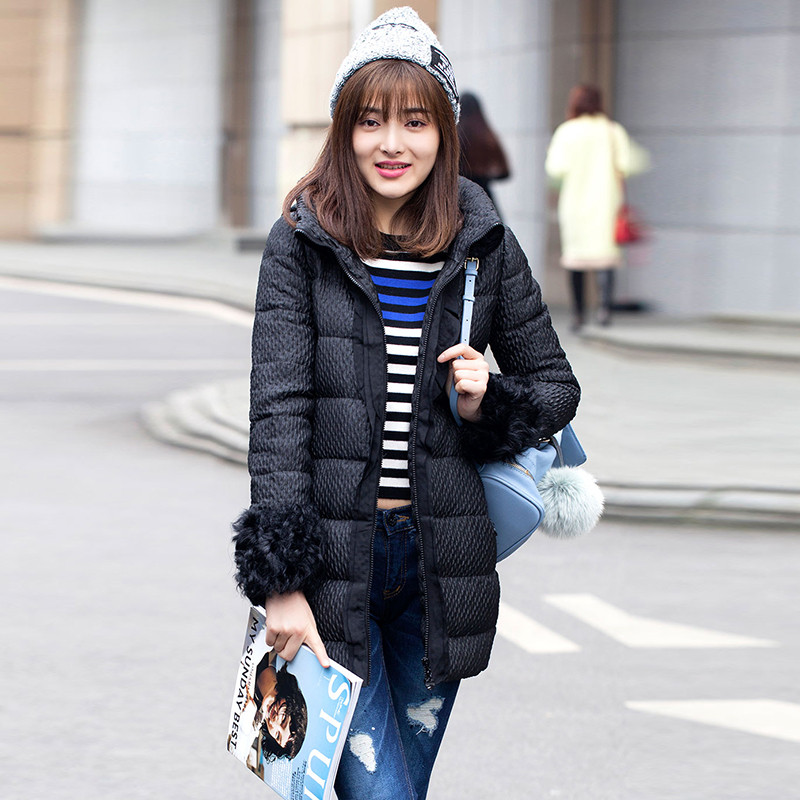 女装冬季时尚韩版连帽羊羔毛装饰中长加厚羽绒服外套上衣 L 黑色