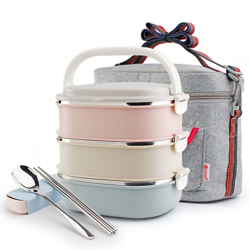 304不锈钢保温饭盒多层带盖餐具儿童学生手提便当盒3层 保温袋 餐具