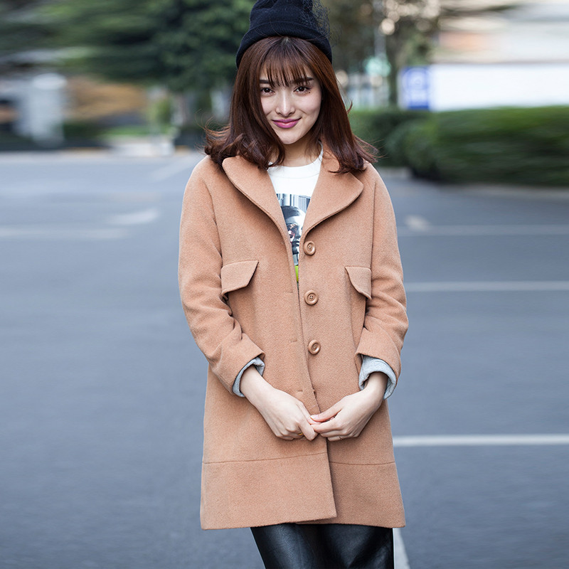 女装冬季韩版时尚翻领袋盖装饰百搭纯色中长款大衣 XL 肉粉色