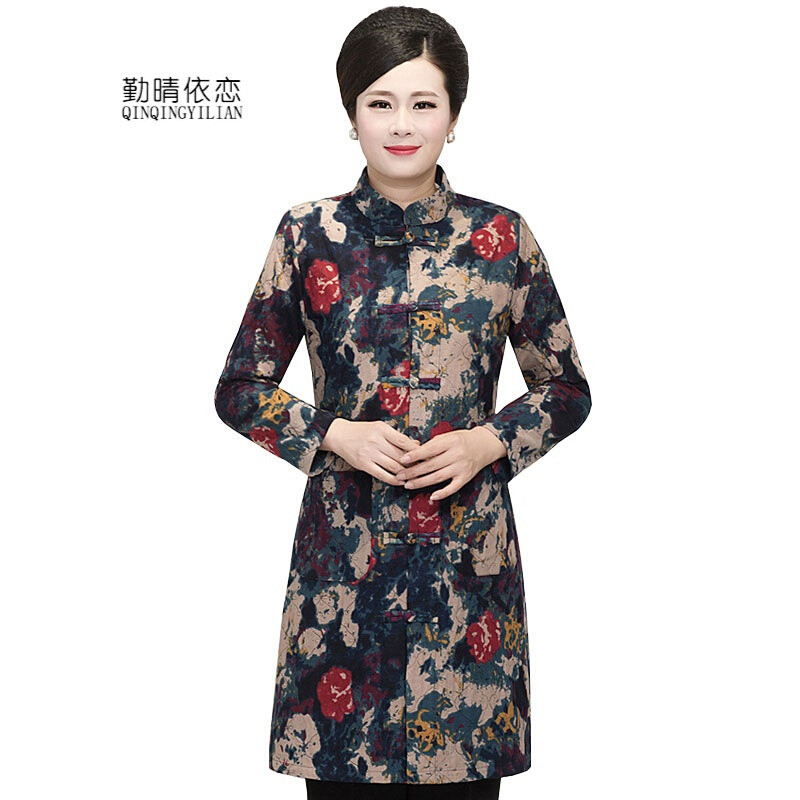 勤晴依恋中老年人唐装女棉麻秋冬长袖盘扣上衣
